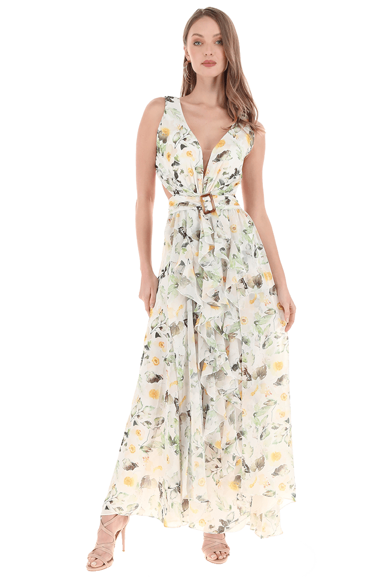 Vestido largo floral escote en V con escote en costados y espaldas