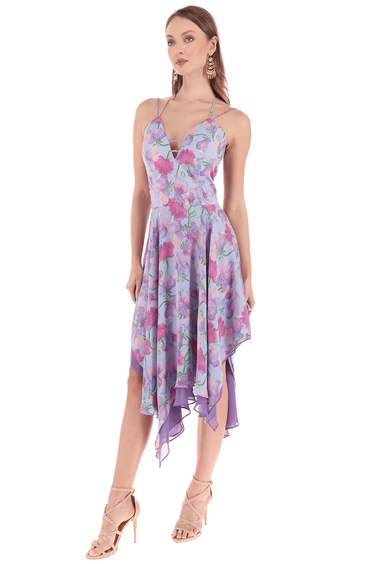 Vestido corto floral con escote en V halter