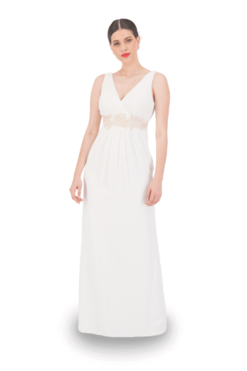 Vestido largo escote V de fajilla con aplicaciones y falda recta