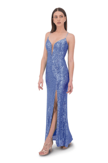 Vestido largo lentejuela corte sirena con abertura y escote profundo