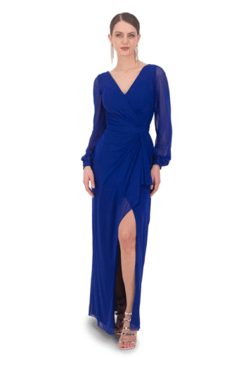 Vestido de Fiesta Azul Rey Largo con Manga Abullonada y Escote Envolvente