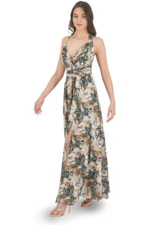 Vestido largo floral con talle drapeado.