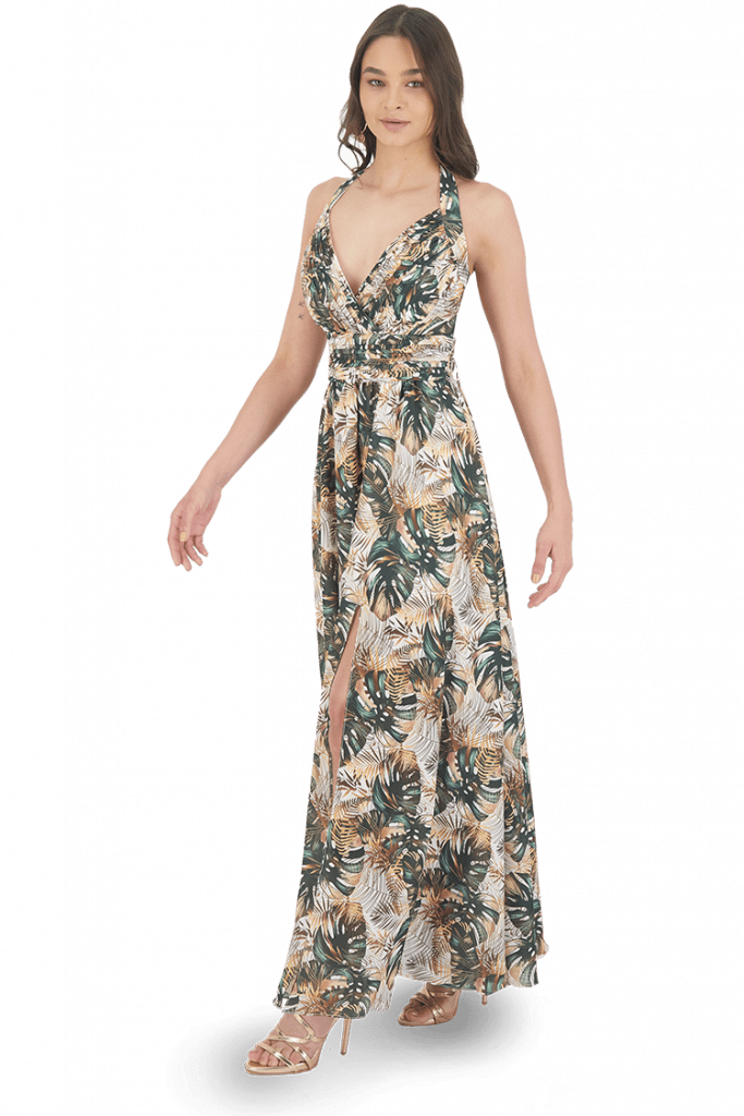 Vestido largo floral con talle drapeado.