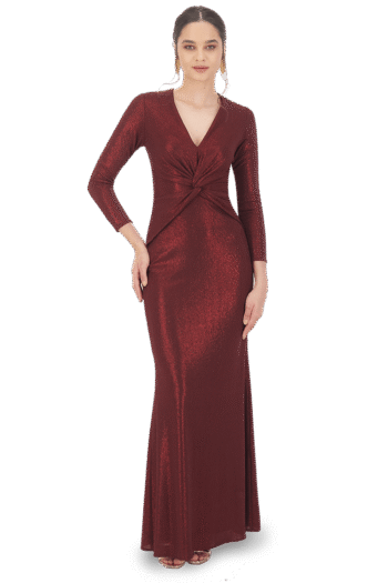 Vestido de Fiesta Vino Largo con Manga Larga y Detalle Nudo al Frente