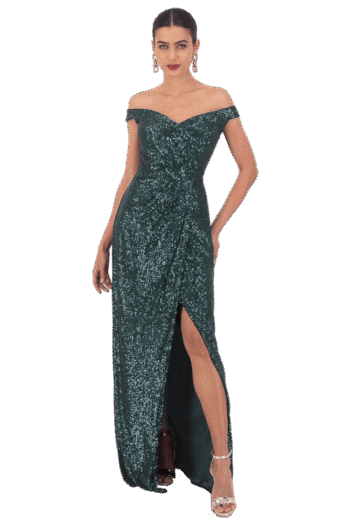 Vestido largo de lentejuela con pliegues en talle.