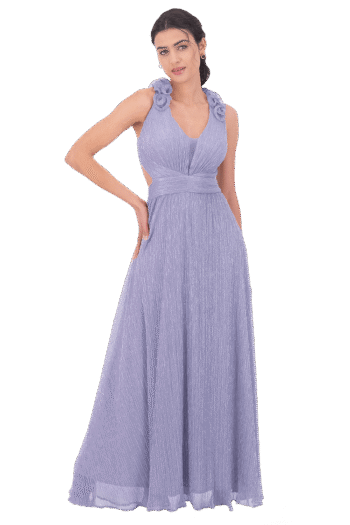 Vestido largo con escarolas en tirantes y jareta en espalda.