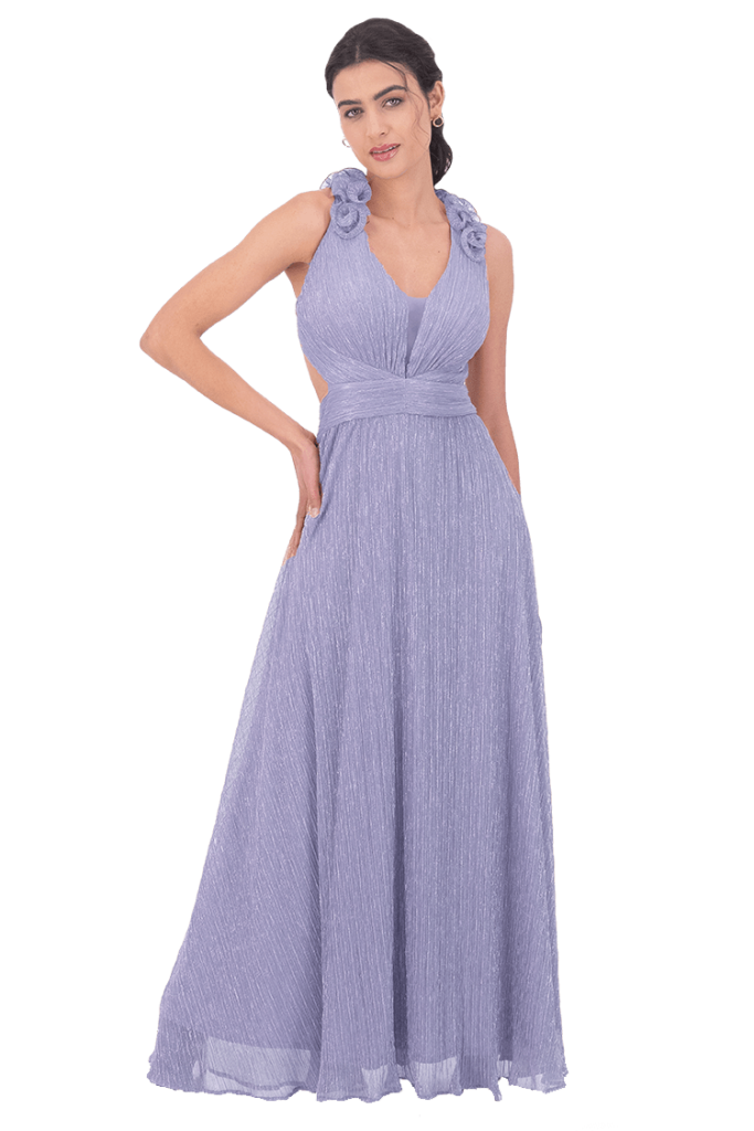 Vestido largo con escarolas en tirantes y jareta en espalda.