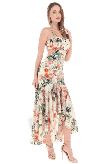 Vestido largo floral con cut out en cintura.