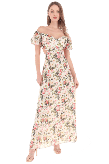 Vestido largo de cut out con manga abullonada.