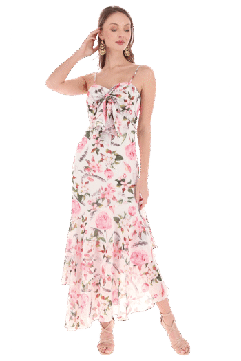 Vestido largo estampado floral con nudo.
