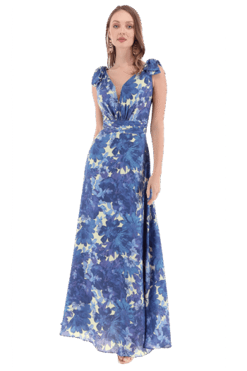 Vestido largo con moño en hombros.