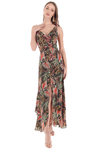 Vestido largo floral de escote en V con abertura en falda