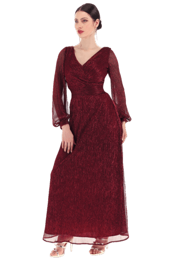 Vestido largo escote V con fajilla y manga larga bombacha.