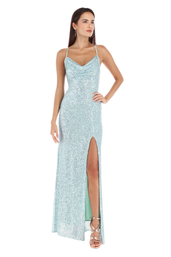 Vestido largo de lentejuela con abertura en pierna y jareta.