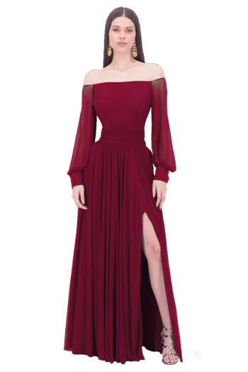 Vestido largo escote barco con manga bombacha de falda con abertura al frente