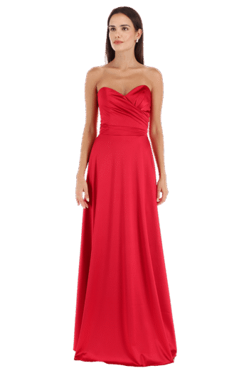 Vestido largo strapless con plisado en talle y falda semi circular.