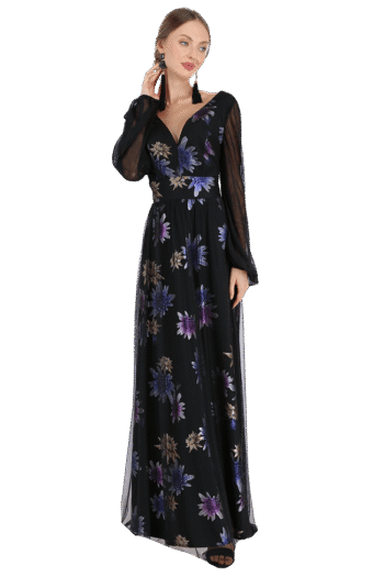 Vestido largo escote V con manga bombacha de falda recta