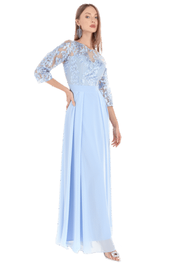 Vestido largo escote redondo ilusion con manga 3/4.