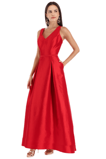 Vestido largo escote V de falda A con tablones y espalda con jareta.