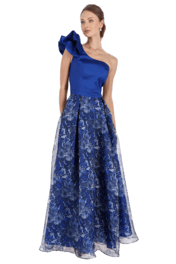 Vestido largo de escote irregular a un hombro con escarola con falda circular