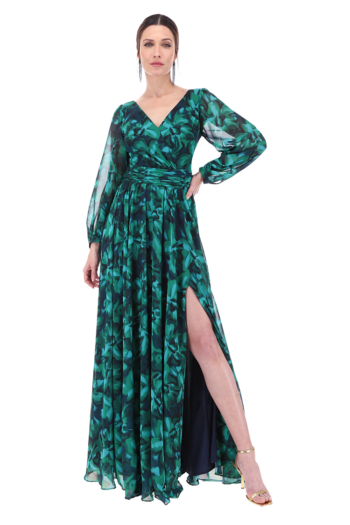 Vestido largo escote V con manga larga bombacha y falda media circular con abertura.