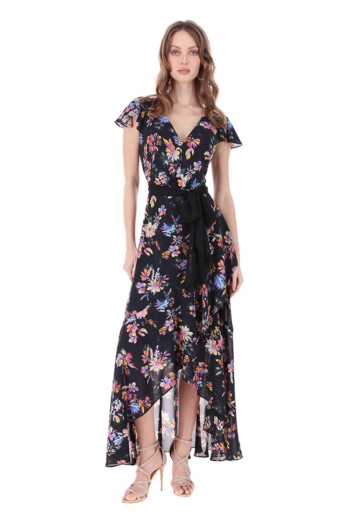 Vestido largo estampado de escote V con escarola en falda.