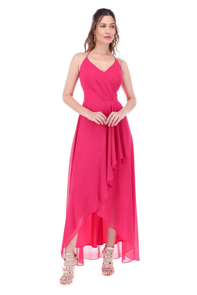 Vestido largo con escote V halter de falda irregular.