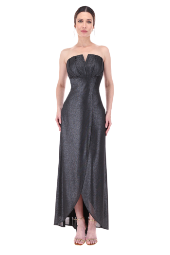 Vestido largo strapless corte imperio y falda recta.