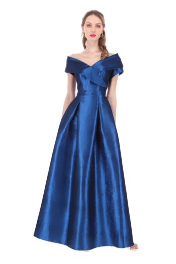 Vestido largo de escote bardot con manga corta y falda media circular