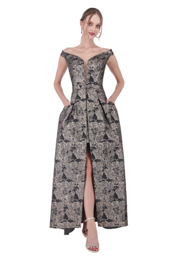 Vestido con bordado brocado de falda corta y sobrefalda