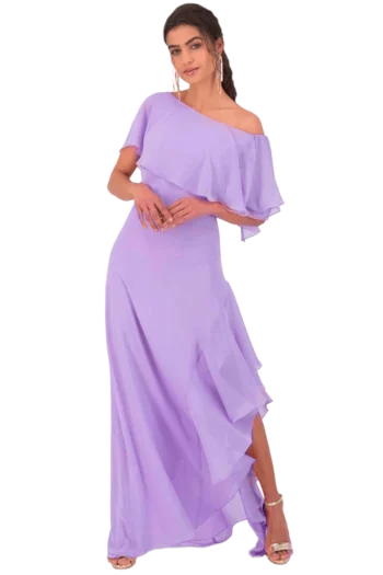 Woman in a lavender off-shoulder evening gown posing, wearing gold sandals