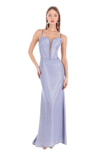 Vestido largo de talle tipo corset con falda sirena y godet.