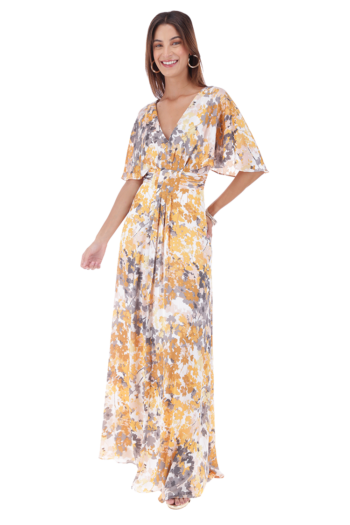 Vestido largo estampado de escote V de manga kimono