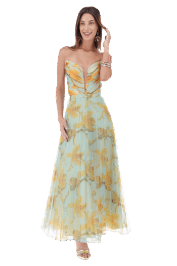 Vestido largo estampado con talle y fajilla plisado y falda solei.
