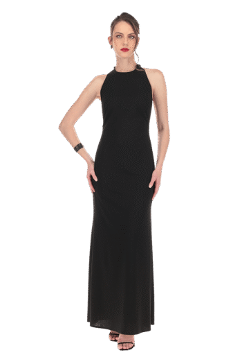 Vestido largo halter con cuello redondo de escote en espalda con falda corte sirena.