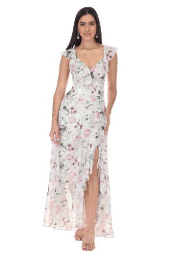 Vestido largo de Escote V con escarola de falda semicircular con abertura.