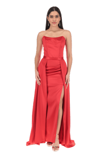 Vestido largo de talle tipo corset de falda recta con abertura y cauda desmontable.