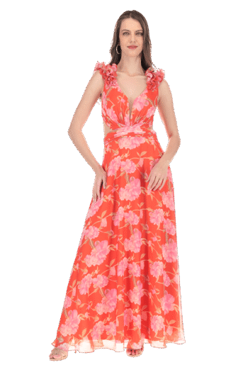 Vestido largo línea A de espalda con escote a la cintura y jareta.