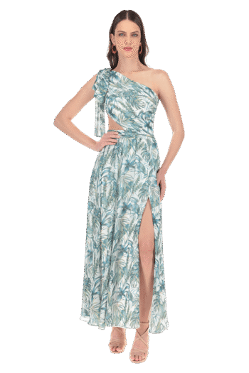 Vestido largo con talle drapeado de falda línea A.