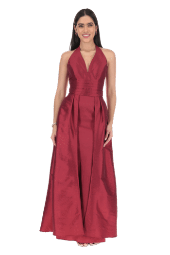 Vestido largo halter de falda larga corte sirena con sobrefalda desmontable.