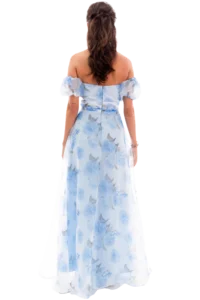 Back view of a woman wearing a light blue floral off-shoulder dress.