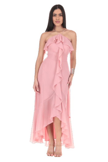 Vestido largo halter con escarola de doble cruzado en espalda.