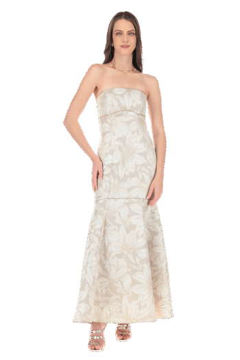 Vestido largo strapless de falda línea A con tablones.