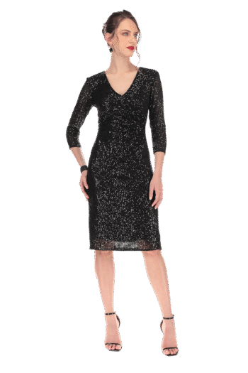 Vestido corto con lentejuela de escote V con manga 3/4 y falda recta.