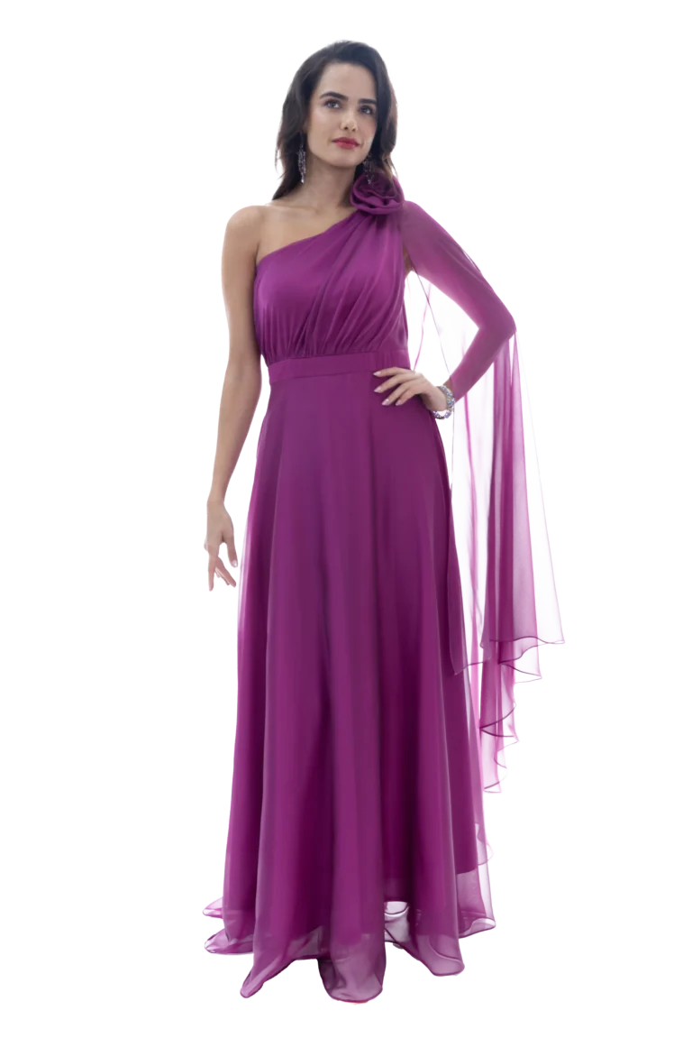 Vestido largo de un hombro de falda línea A con manga tipo chal.