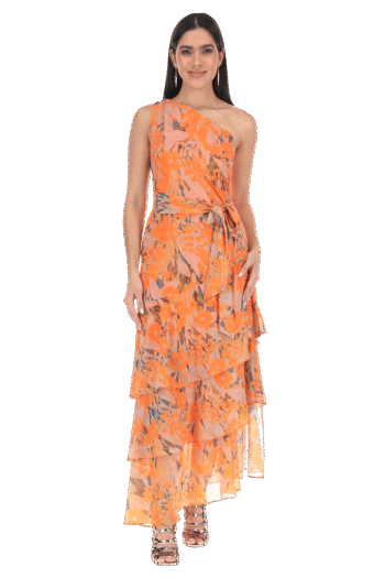 Vestido largo floral de escote halter de una manga.