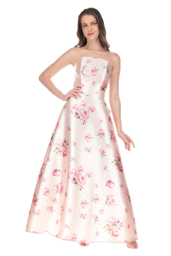 Vestido largo floral de escote corazón con talle drapeado y falda línea "A" con tablones.