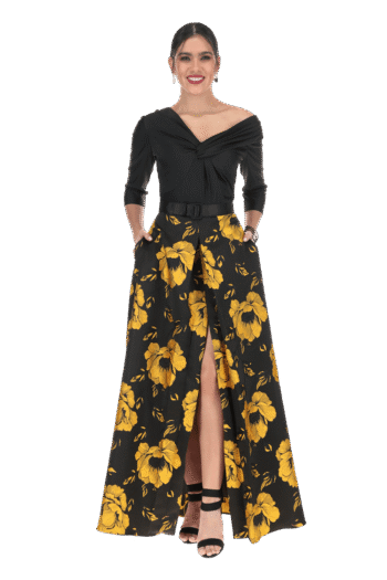 Vestido largo con escote asimétrico un hombro y falda línea A con abertura.