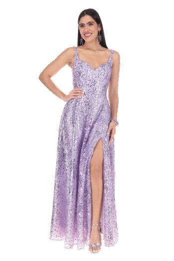 Vestido largo escote corazón con falda larga de corte semicircular.