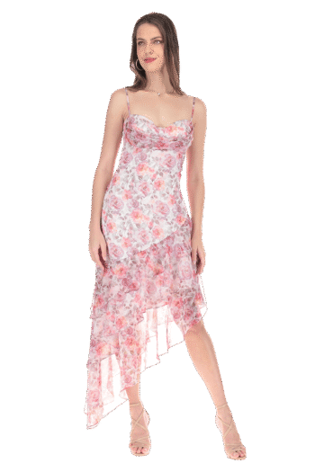 Vestido midi asimétrico de escote columpio con escote espalda en U.